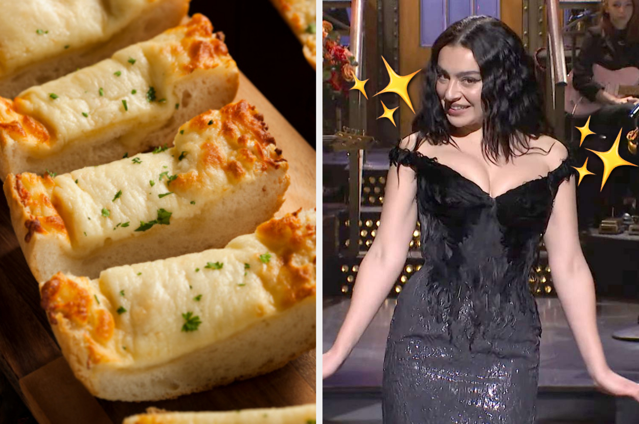 Cheesy garlic bread next to a person in an elegant black dress on stage, smiling with hands on hips