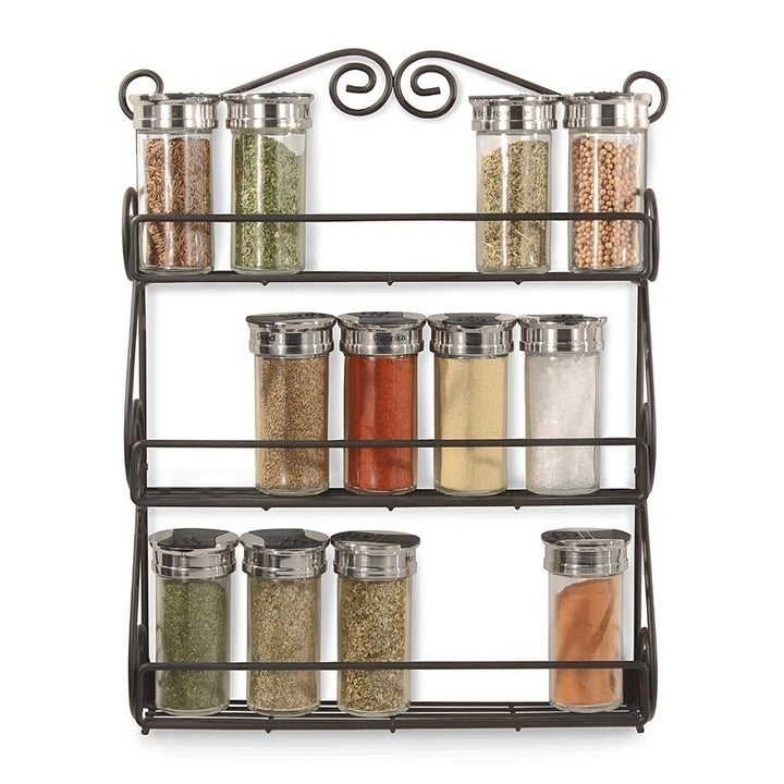 A wall-mounted spice rack