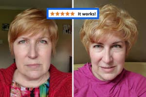 Before and after photos show a reviewer's volumizing hair transformation, with an overlay declaring "It works!" and displaying a 5-star rating