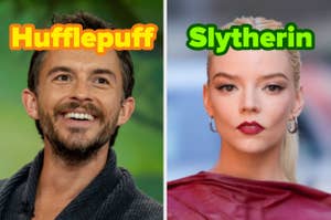Jonathan Bailey and Anya Taylor-Joy with text: "Hufflepuff" and "Slytherin"