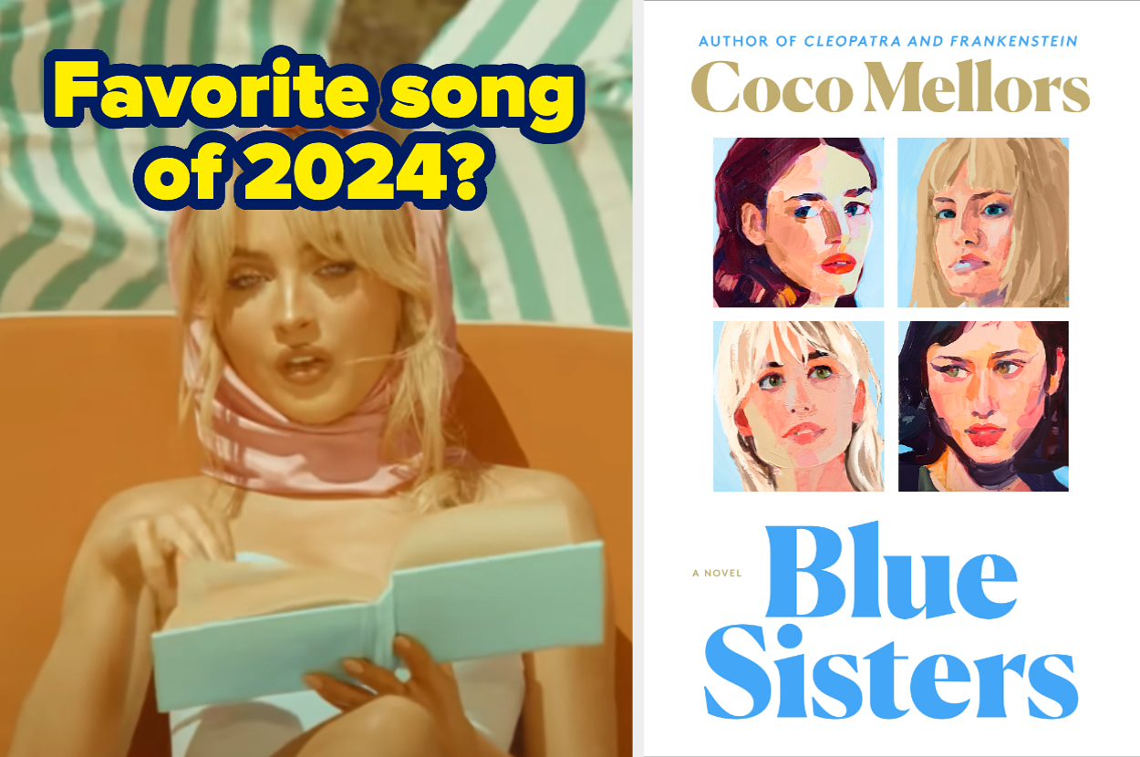 Left: Sabrina Carpenter sitting poolside reading a book with the text "Favorite song of 2024?". Right: book cover with portraits of four women and is titled "Blue Sisters" by Coco Mellors