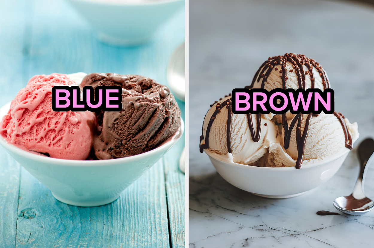 Two bowls of ice cream: one with strawberry and chocolate labeled "Blue," and another with vanilla and chocolate sauce labeled "Brown."