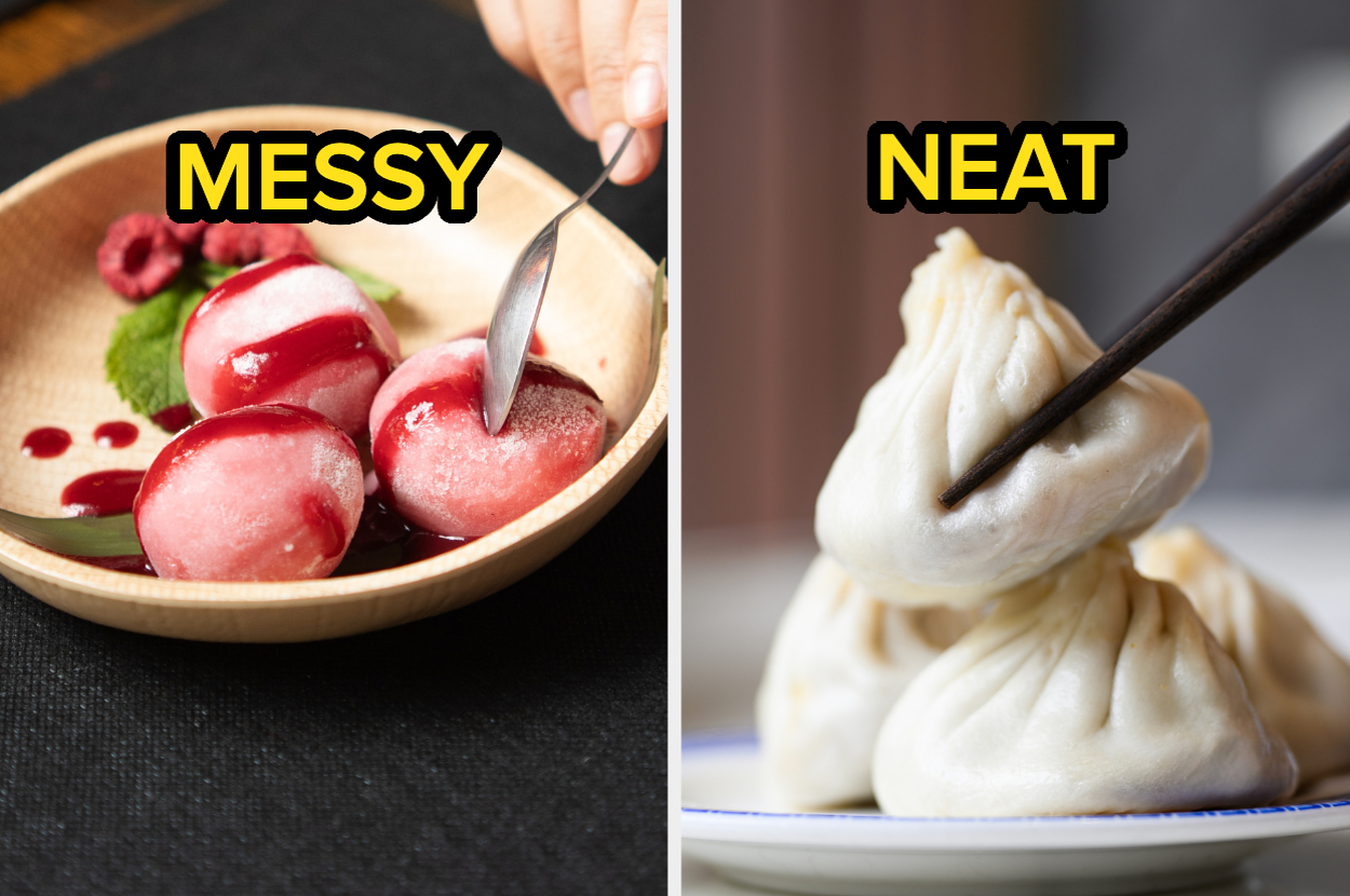 Left: Spoon cutting into sauce-covered mochi. Right: Chopsticks holding neat dumplings. Text labels read "Messy" and "Neat" respectively