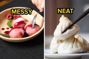 Left: Spoon cutting into sauce-covered mochi. Right: Chopsticks holding neat dumplings. Text labels read "Messy" and "Neat" respectively