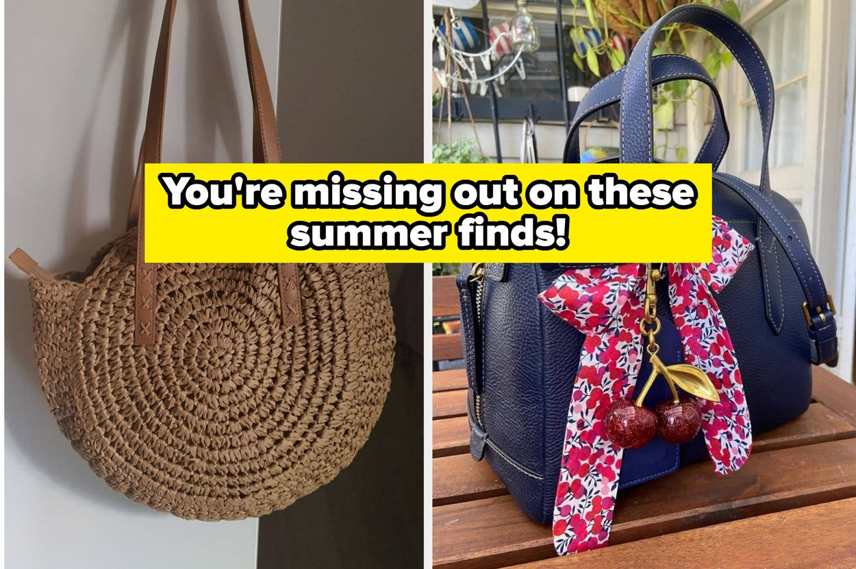 Two handbags showcased as summer items. Left: Woven round bag with leather straps. Right: Navy bag with decorative scarf and cherry charm