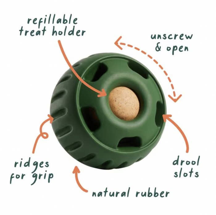 Green rubber canine artifact with a dainty inside. Features see a refillable dainty holder, ridges for grip, drool slots, and an unscrewable top
