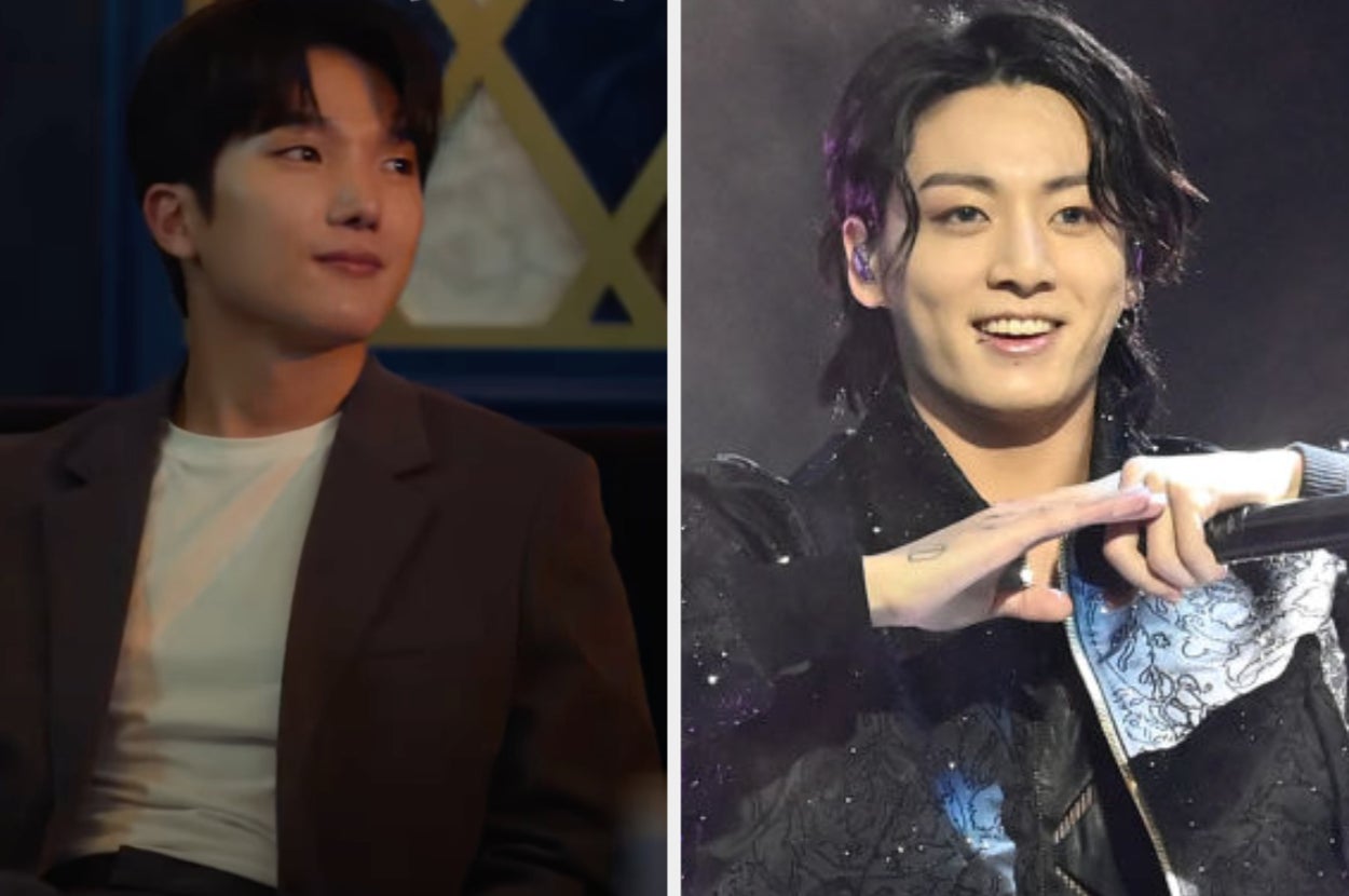 Two individuals are shown. The first is in a casual suit, while the second is in a sparkling stage outfit holding a microphone