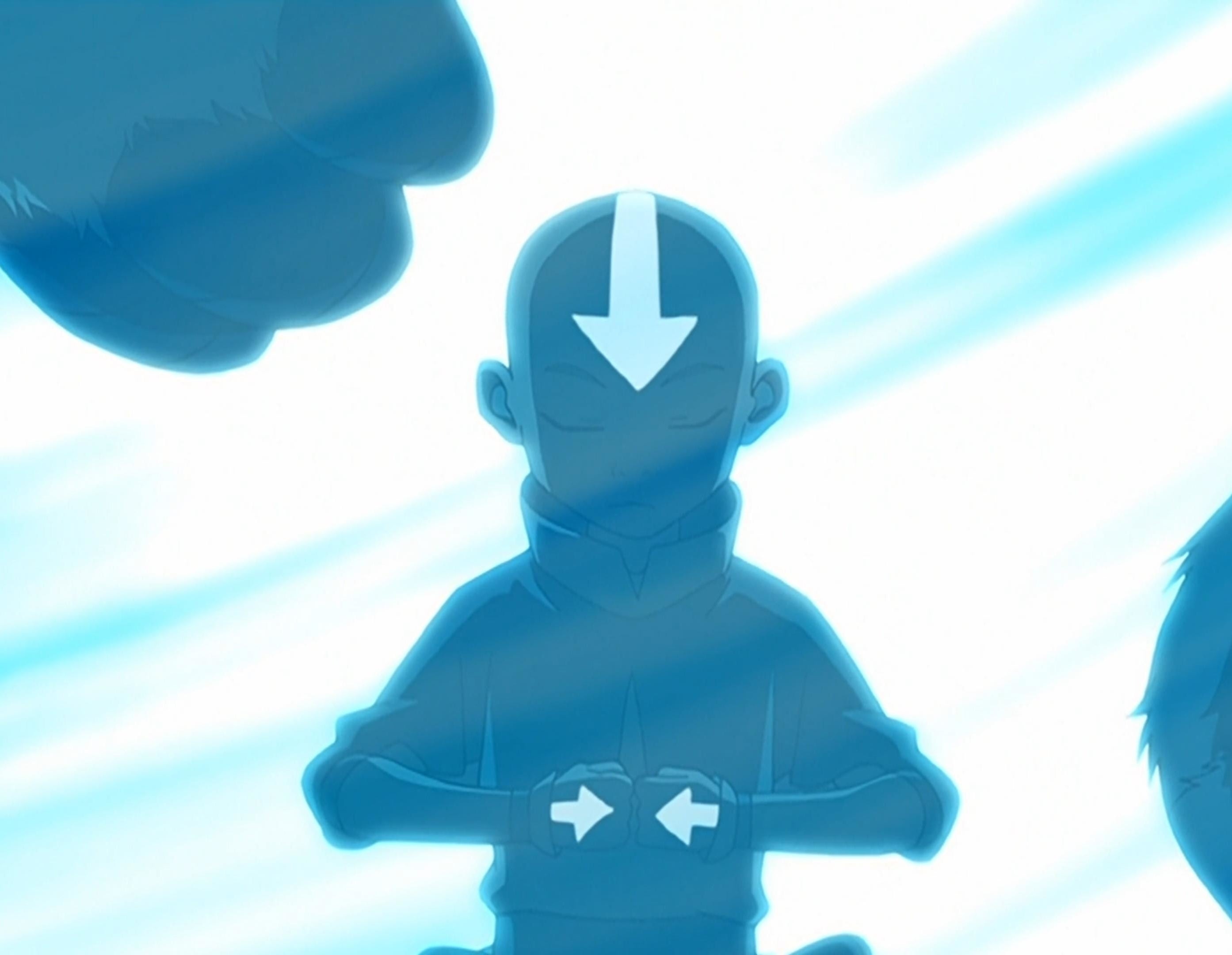 Animated character with an arrow on their forehead, meditating with closed eyes, surrounded by glowing energy