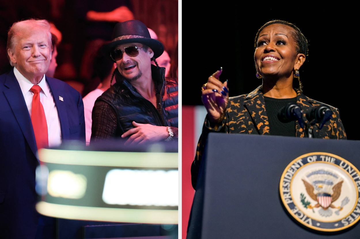 Two photos: Left shows two men, one in a suit, another in a hat and vest; right shows a woman speaking at a podium with a U.S. seal