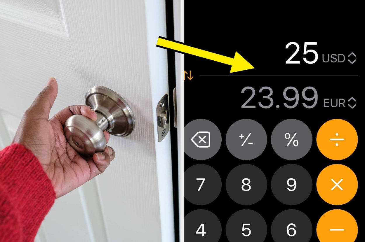 Hand turning a doorknob beside partial view of a calculator app on a phone, converting 25 USD to 23.99 EUR