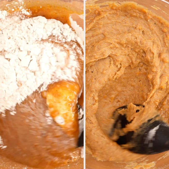 Mixing vessel  with flour and bedewed  ingredients connected  left; creaseless  batter connected  right