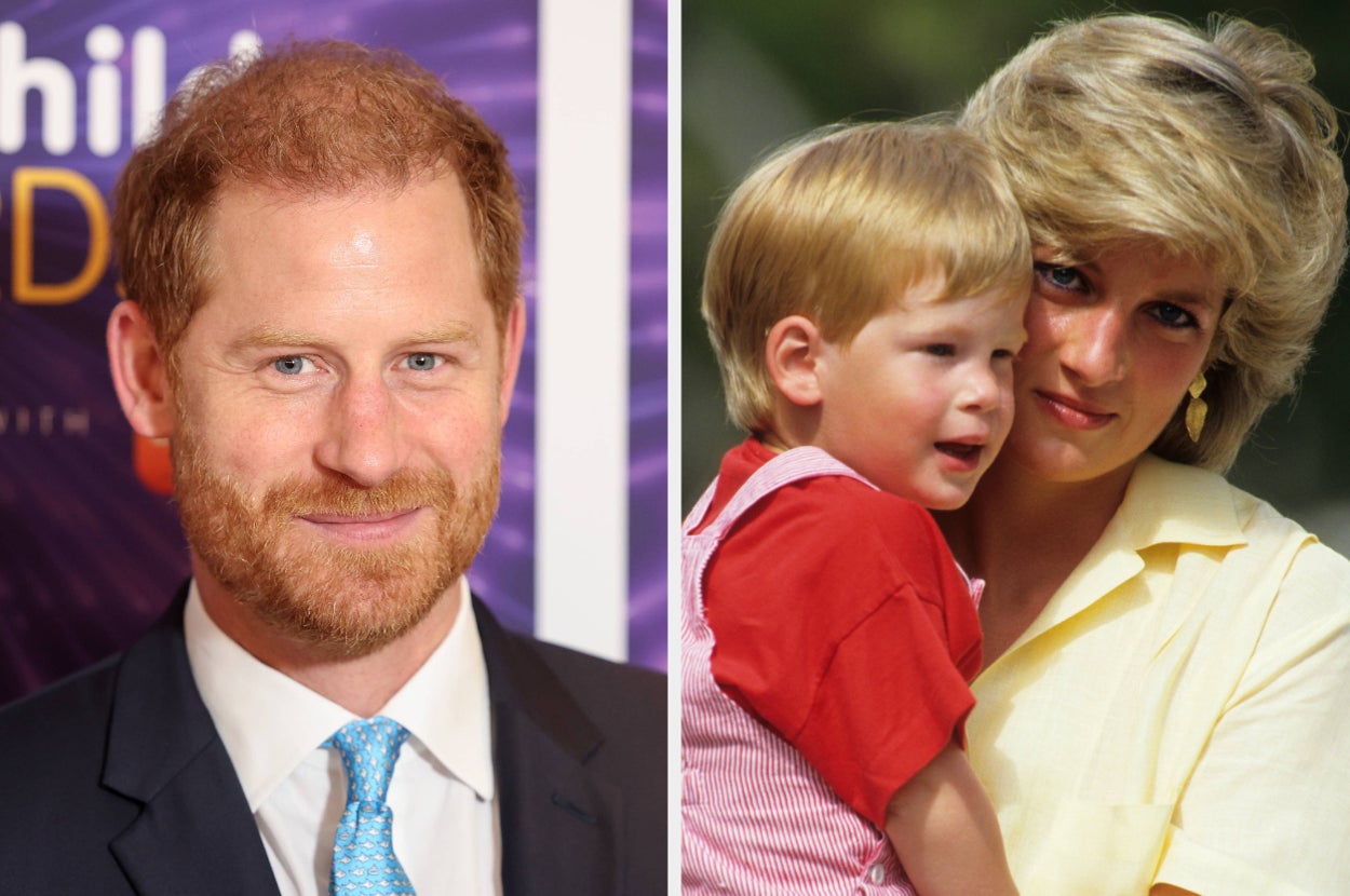 Adult man in a suit smiling at an event; historical photo of a young boy with Princess Diana, both outdoors