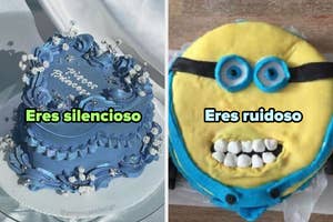 Dos pasteles decorados con texto "Eres silencioso"; uno es elegante y el otro con estilo de personaje animado