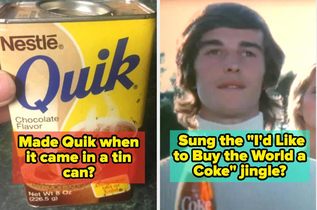 Left: A can of Nestlé Quik chocolate mix. Right: A person holding a Coke bottle, with text about a jingle