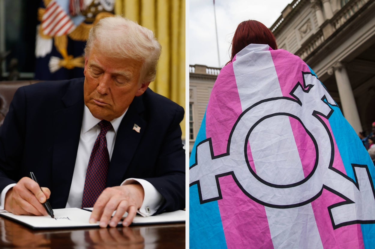 A person, who can't be identified, signs a document in an office. Another image shows a person draped in a transgender pride flag at a public event