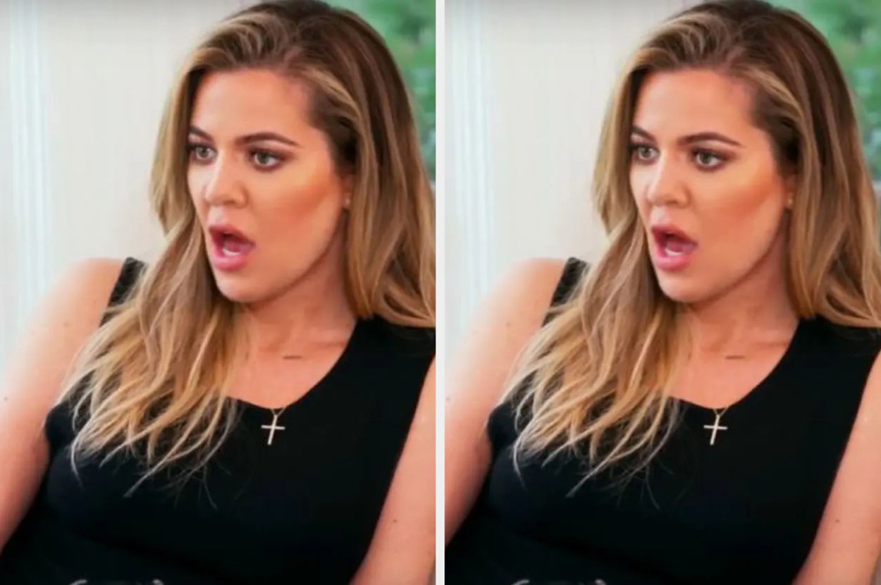 Person with long hair, wearing a black top and a cross necklace, appears surprised in both images