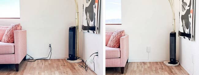 Before and after shots of a living room corner with a space heater. Cords are visible in the first image, tidied up in the second