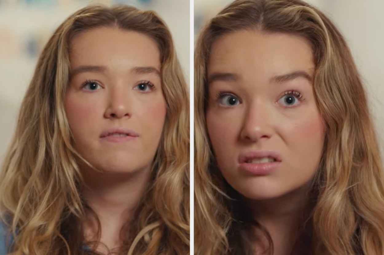 Person with long wavy hair makes two different facial expressions: neutral and slightly surprised. The image is split into two parts
