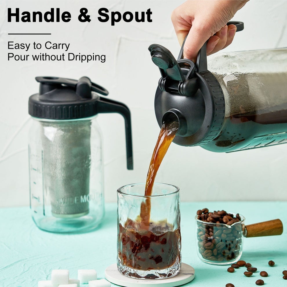 Person pouring coffee from a large container into a glass. Text highlights features: "Handle & Spout, Easy to Carry, Pour without Dripping."