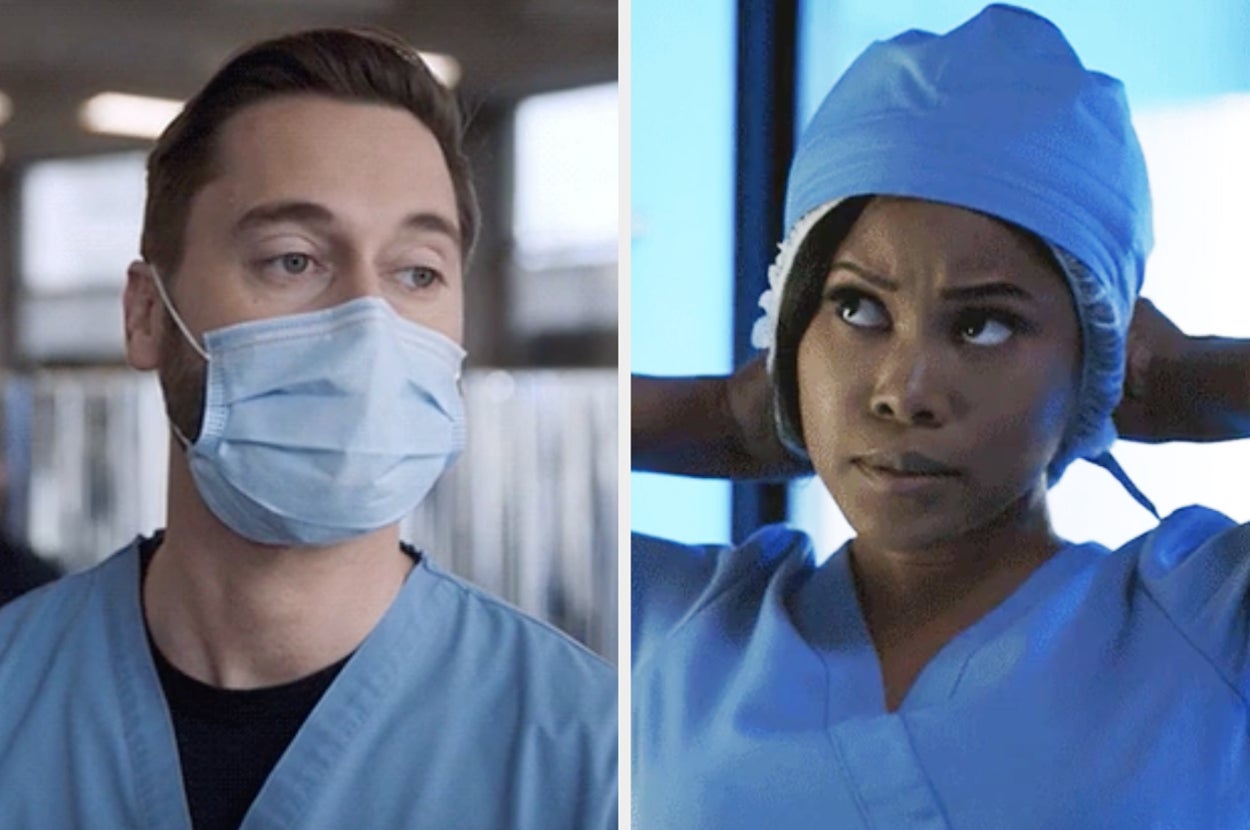 Two healthcare professionals in surgical attire, focusing intently on their tasks