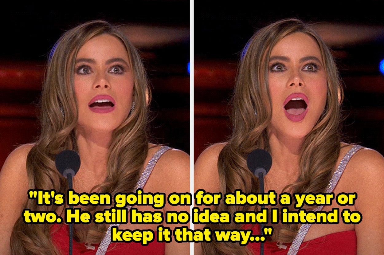 Two images of a surprised woman on a show with text: "It's been going on for about a year or two. He still has no idea and I intend to keep it that way..."