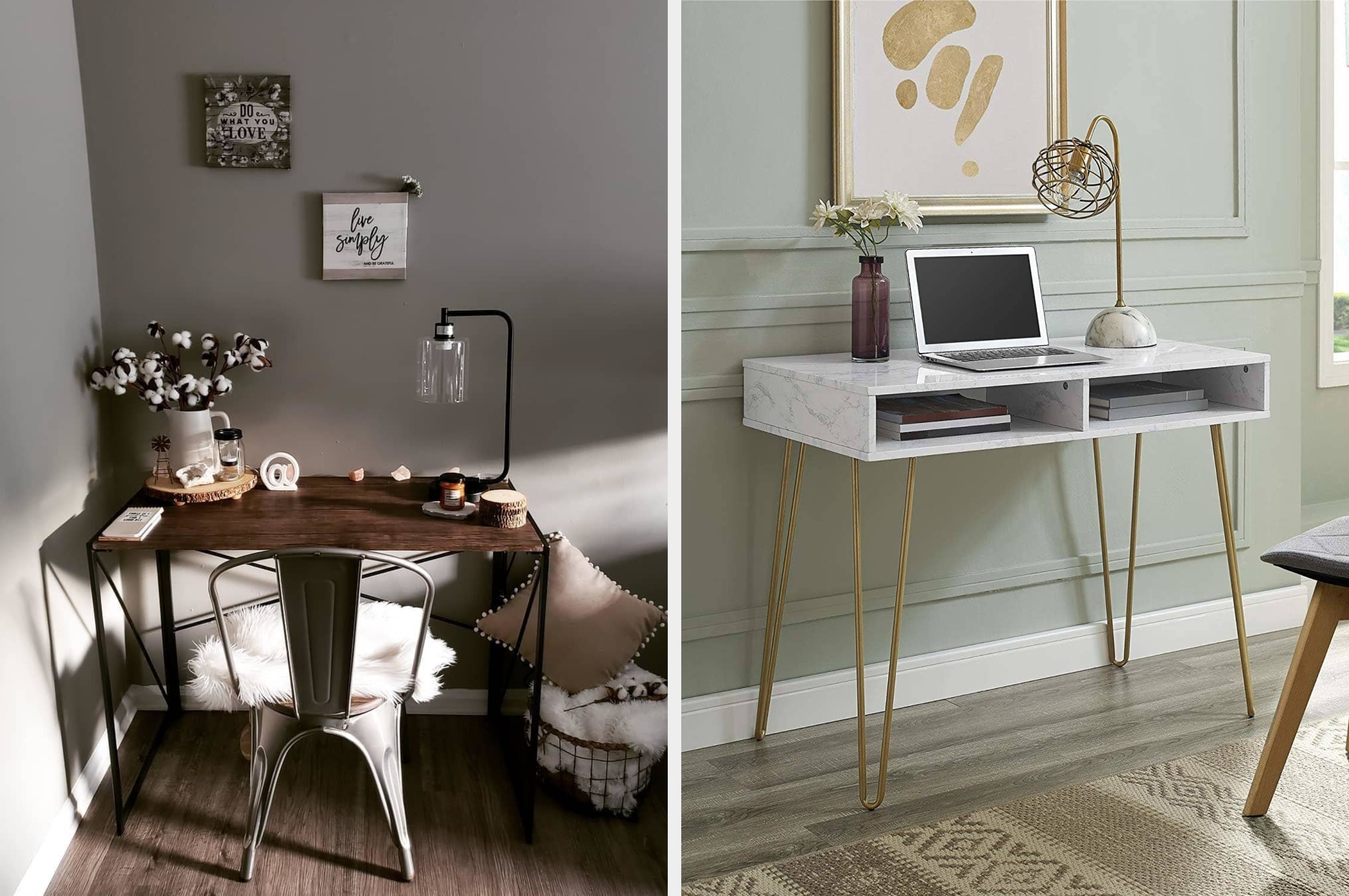 Cozy home office desks with decorative items; left desk with rustic charm, right desk modern with sleek design