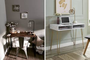 Cozy home office desks with decorative items; left desk with rustic charm, right desk modern with sleek design