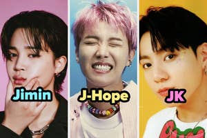 Tres personas posan en retratos separados con estilos de ropa casual. Nombres estilizados: Jimin, J-Hope, JK