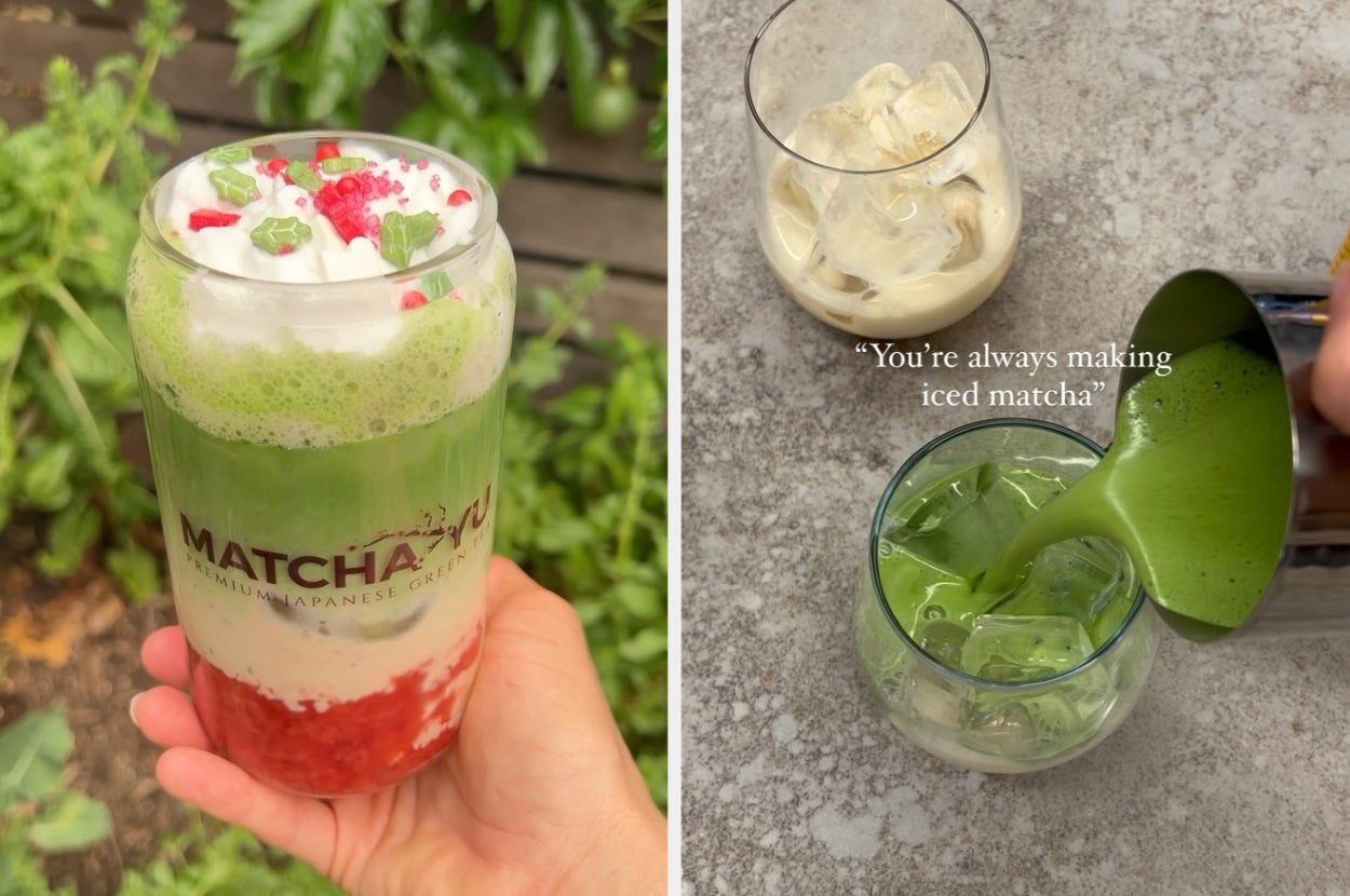 Two images of iced matcha drinks being poured and served, with the text overlay: "You're always making iced matcha."