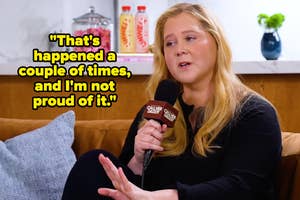 Person sitting on a couch during an interview, holding a microphone labeled "Call Her Daddy," with text: "That's happened a couple of times, and I'm not proud of it."