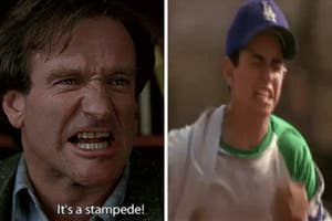 Split image: Left shows an expressive man exclaiming "It's a stampede!". Right shows a young man running. Both appear intense and urgent