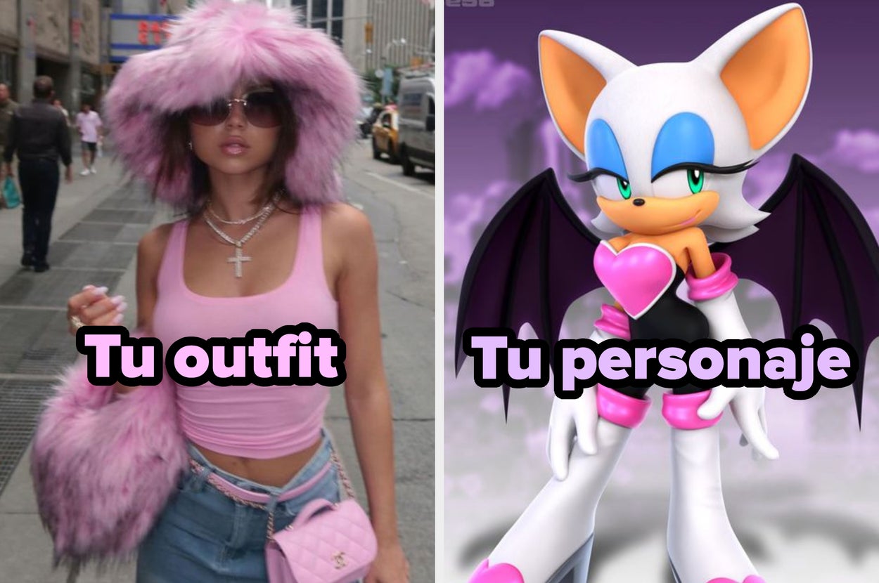 Persona con atuendo rosa con sombrero de peluche; personaje de videojuego con gema rosa. Texto dice "Tu outfit" y "Tu personaje"