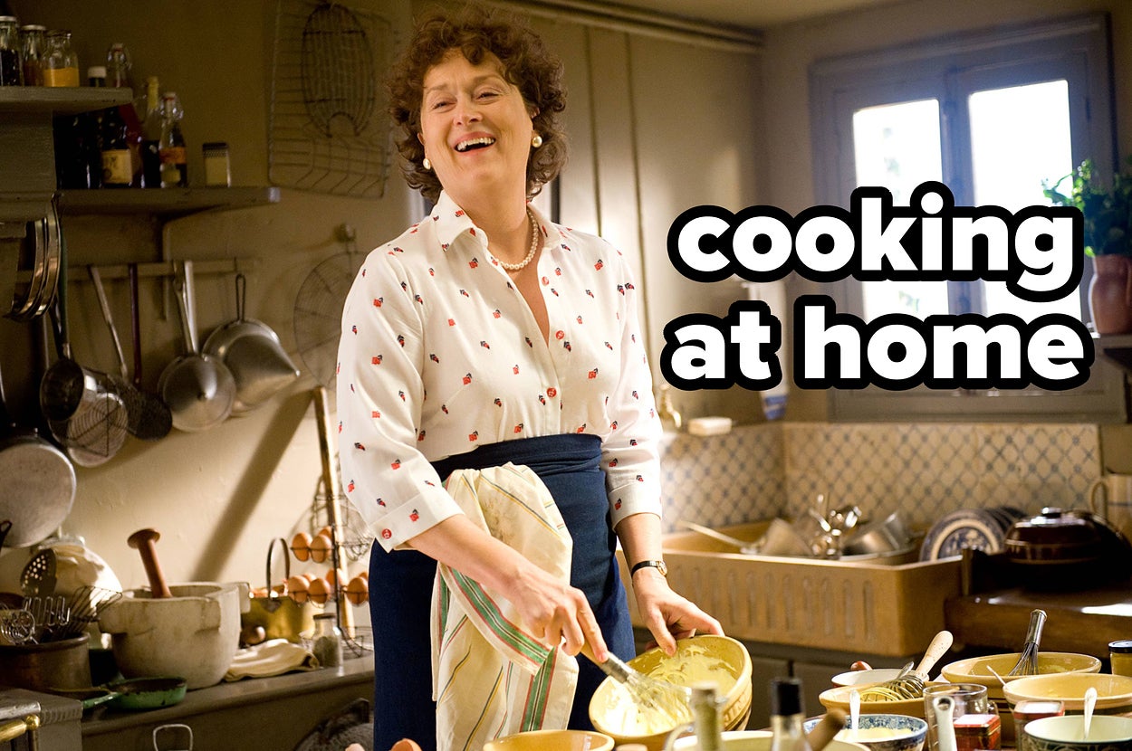 Meryl Streep in "Julie & Julia." Text overlay: "cooking at home"