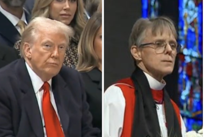 左側の男性はスーツで、右側の男性は宗教的な儀式の服装をしています。