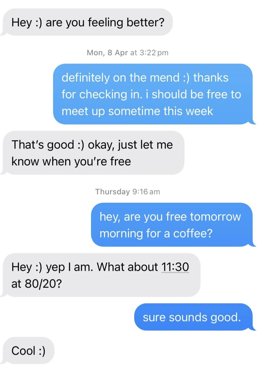 Text speech   readying  a java  meetup; 1  idiosyncratic   asks astir  availability, the different   confirms a gathering  clip  and place