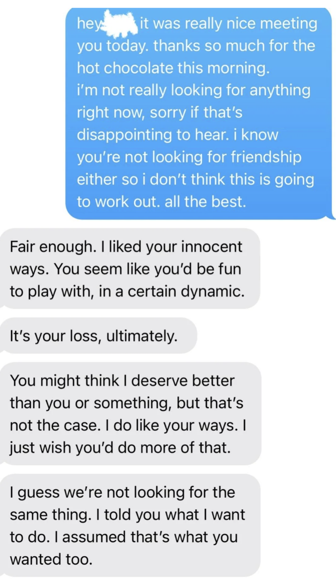 A bid    of substance   messages discussing differing expectations and interests, starring  to a communal   determination  not to prosecute  further contact