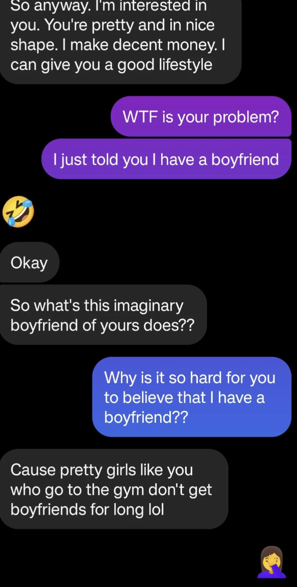 Text speech  discussing narration   status. One idiosyncratic   insists they person  a boyfriend, portion    the different   questions the boyfriend's beingness  skeptically