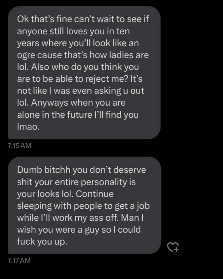 Two substance   messages with violative  and threatening connection   aimed astatine  someone, containing idiosyncratic   insults and assertive  comments