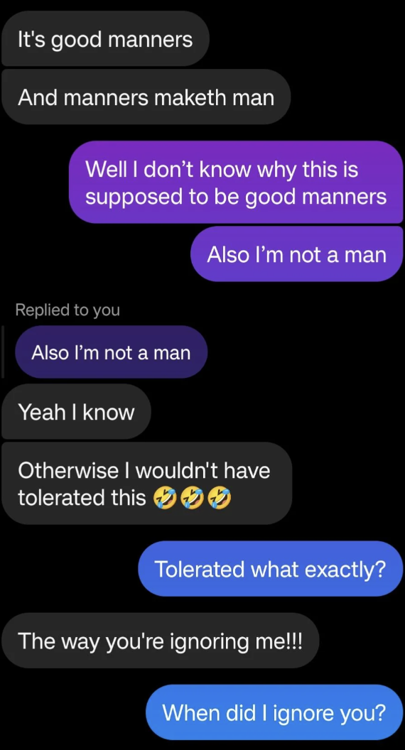 Text speech  with playful banter astir  manners and being ignored, featuring laughing emojis