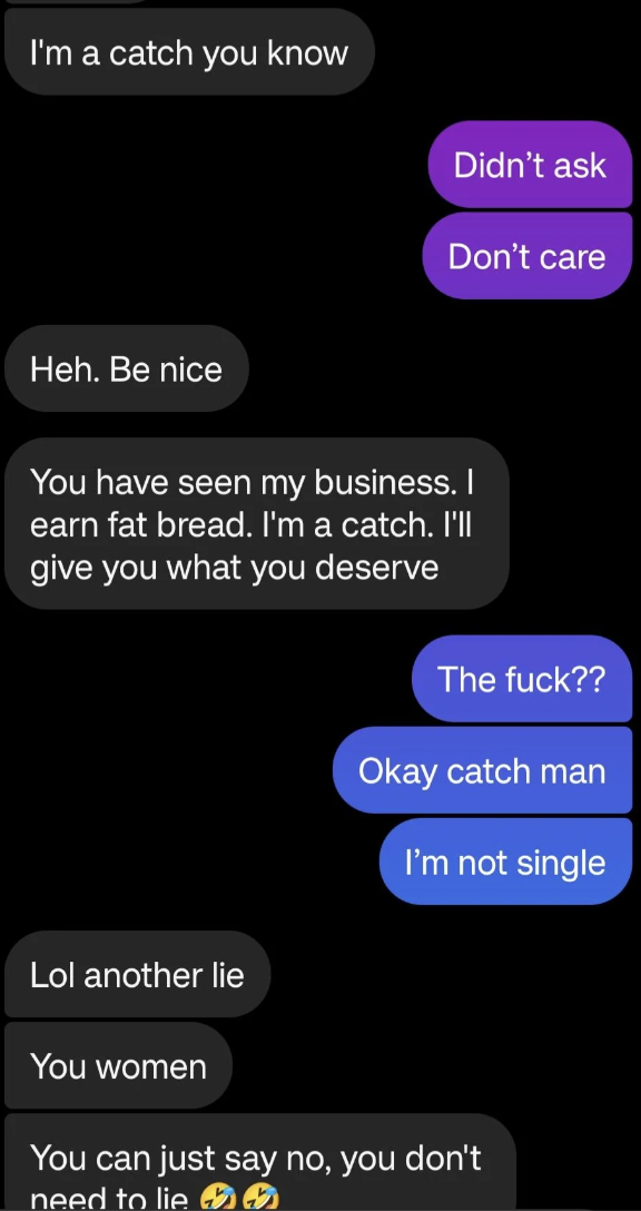 Text speech   with 1  idiosyncratic   asserting value, the different   responding dismissively, ending with laughter and emojis