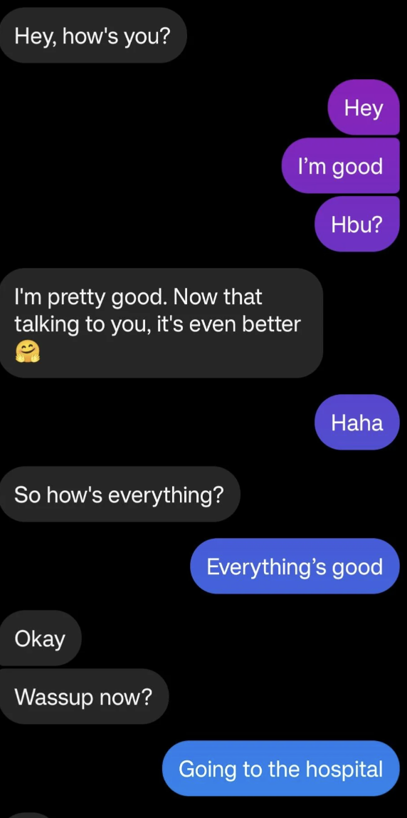 Text speech   betwixt  2  radical   catching up, 1  mentions going to the hospital