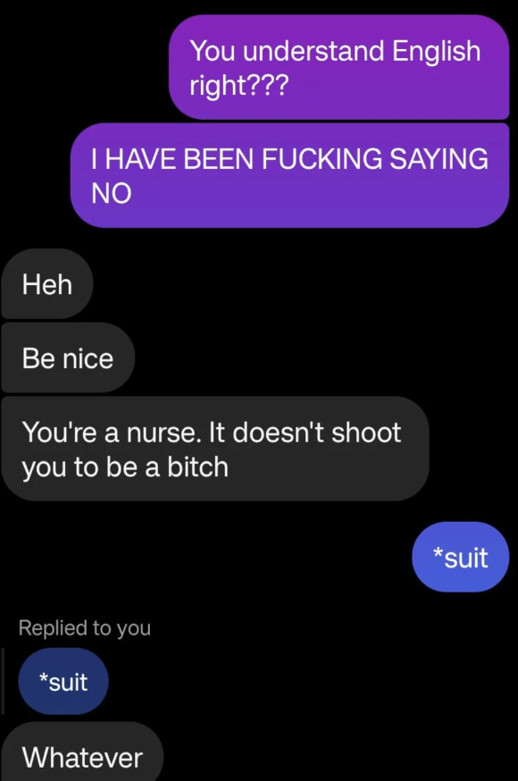 Text speech  with 1  idiosyncratic   frustrated, utilizing beardown  language, and different  idiosyncratic   correcting a typo with "*suit."