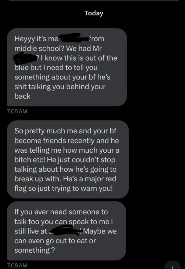 Text speech   informing  astir  someone's fellow  talking negatively down  their backmost  and suggesting helium  plans to interruption  up