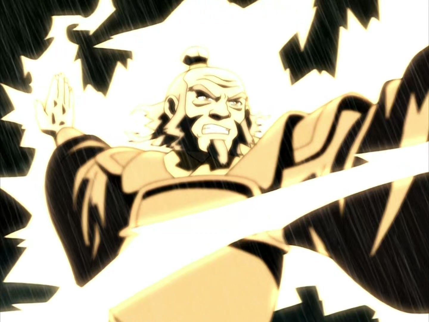 An animated character with a fierce expression performs a dynamic martial arts move, surrounded by flashing energy