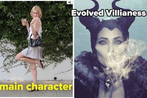 Left: Person posing playfully in a casual dress outdoors. Right: Character with horns and smoke, evoking a fairytale villain