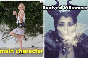 Left: Person posing playfully in a casual dress outdoors. Right: Character with horns and smoke, evoking a fairytale villain