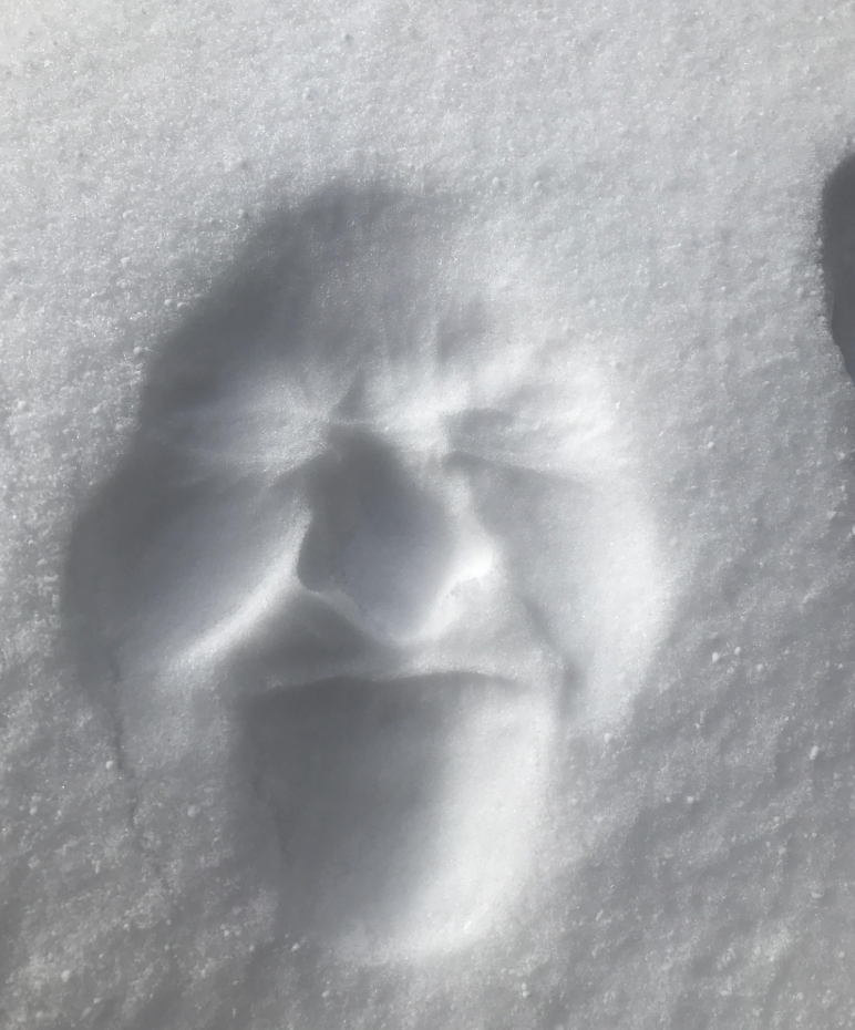 Face imprint successful  snow, showing a person's eyes, nose, and rima  intelligibly  disposable   successful  the achromatic  surface