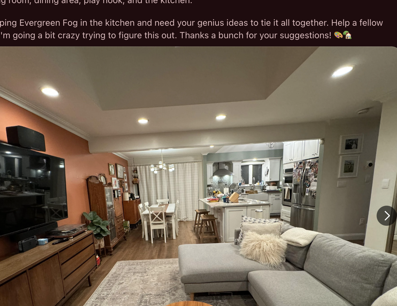 Reddit post in r/DesignMyRoom showing a living room with a dining area. The post asks for suggestions on styling and organization