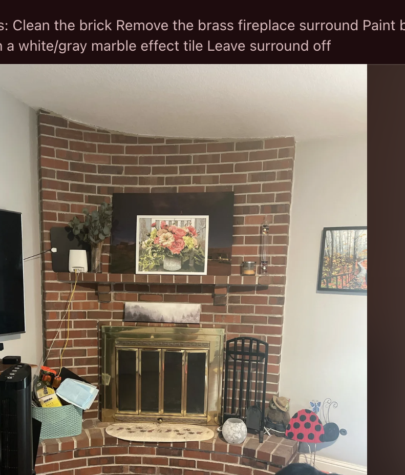 Reddit thread about room design ideas, focusing on updating a brick fireplace with user suggestions visible on screen