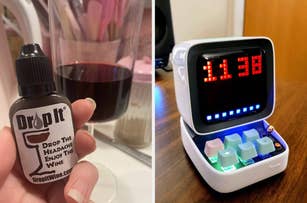 Left: Drop It wine headache relief bottle next to a glass of red wine. Right: Digital clock with colorful mechanical keys reads 11:38